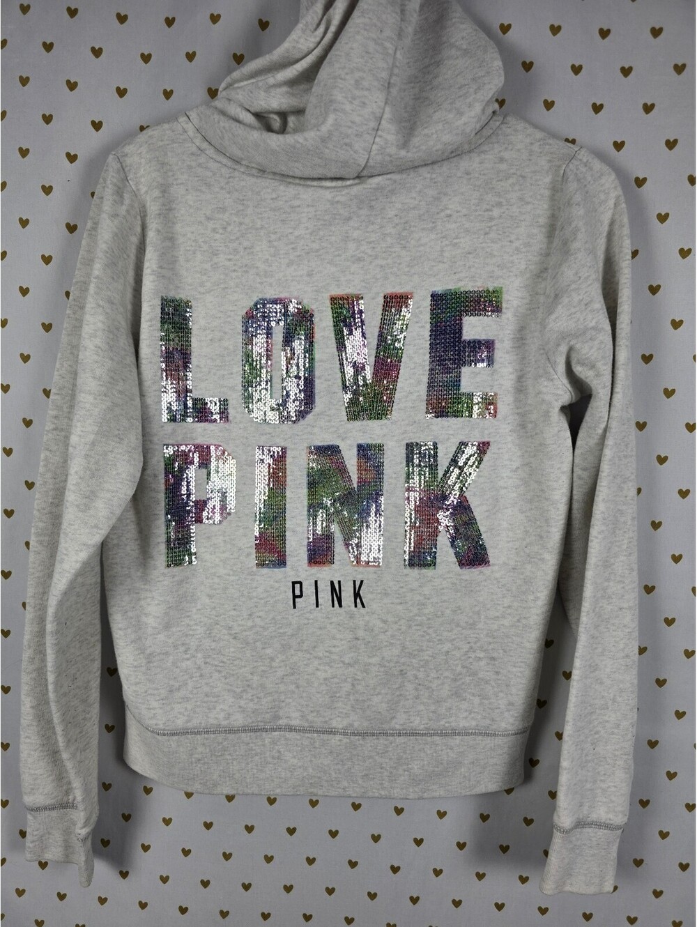 Victorias Secret Pink Rare Rainbow Bling Logo Full zip Hoodie Jacket Grey Medium